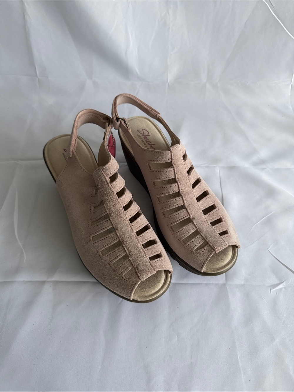 Skechers Parallel Trapezoid Blush Pink Suede Platform Wedge Sandals - Picture 1 of 5